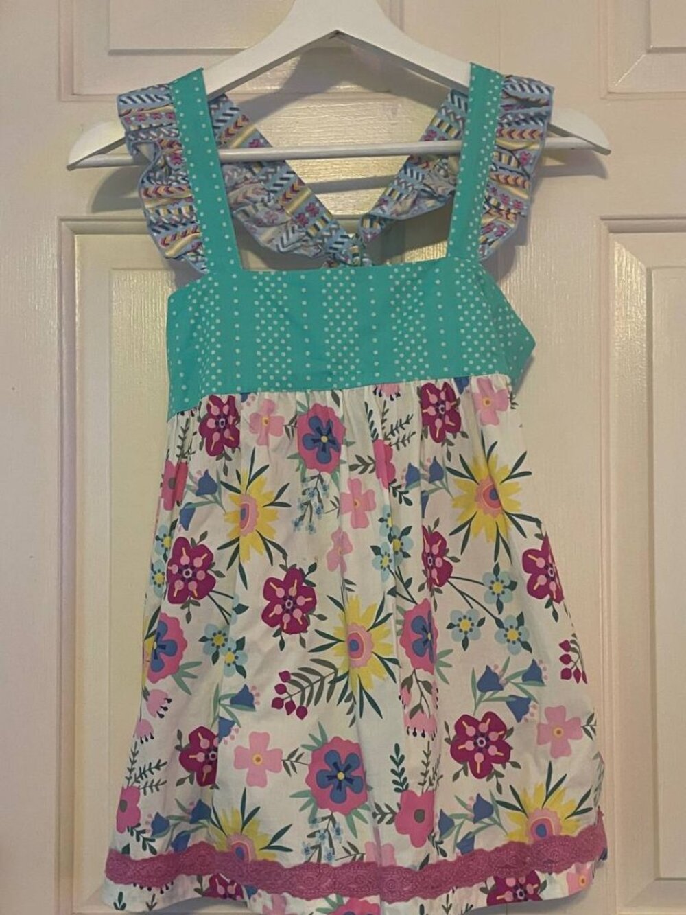 Matilda Jane Girls Cottagecore Floral Tunic Top | Polka Dot Ruffle Criss Cross B